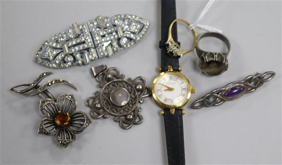 A Gucci ladies wristwatch, cased, a small sapphire and diamond ring, four items of silver jewellery and a paste-set clip